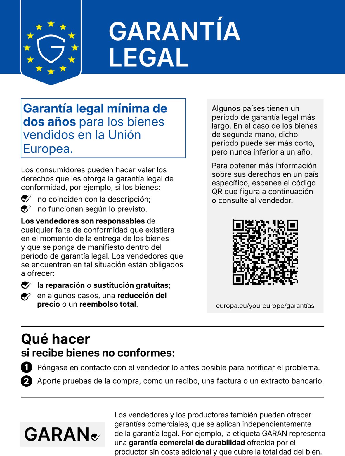 Aviso armonizado de la UE: Garantía legal mínima de dos años para los bienes vendidos en la Unión Europea